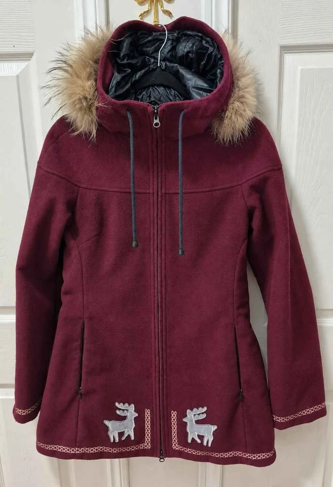 Koko & Gaston Burgundy Real Fur Trim Hooded Coat M - photo 2