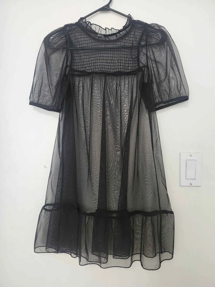 Black Sheer Mesh Puff-Sleeve Mini Dress / Overlay - photo 2