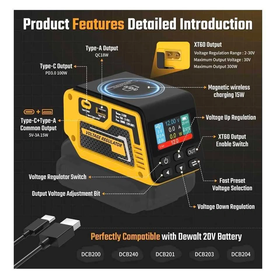 300W Power Voltage Regulator for Dewalt 20V Battery - photo 3