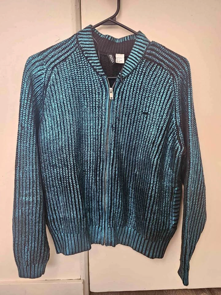 H&M Divided Metallic Blue & Black Zip-Up Knit Cardigan