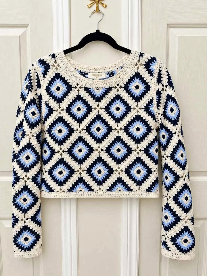 Rebellion Crochet Granny Square Cropped Sweater Blue Cream S