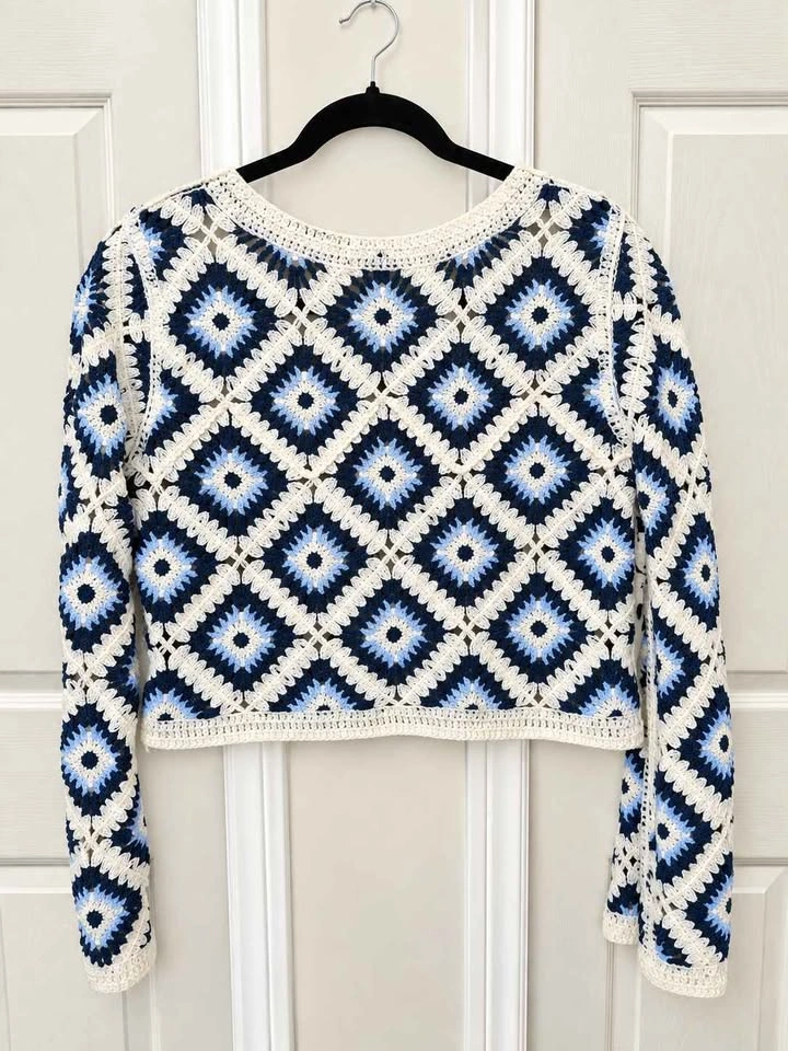 Rebellion Crochet Granny Square Cropped Sweater Blue Cream S - photo 2