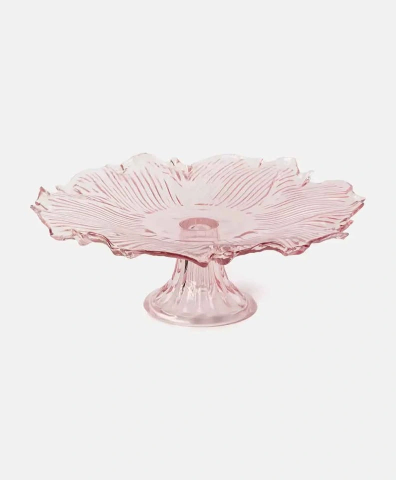 Pink Ribbed Glass Cake Stand Vintage