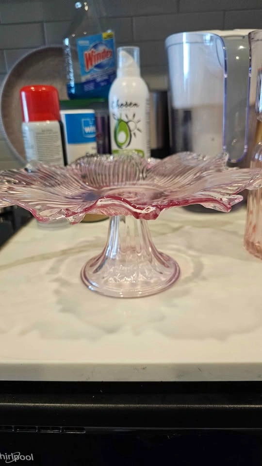 Pink Ribbed Glass Cake Stand Vintage - photo 2