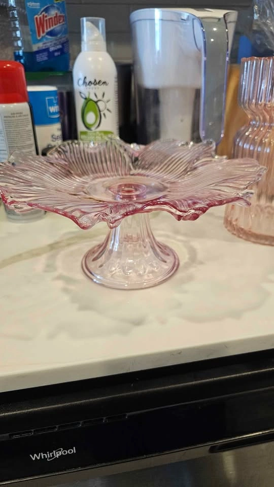 Pink Ribbed Glass Cake Stand Vintage - photo 3