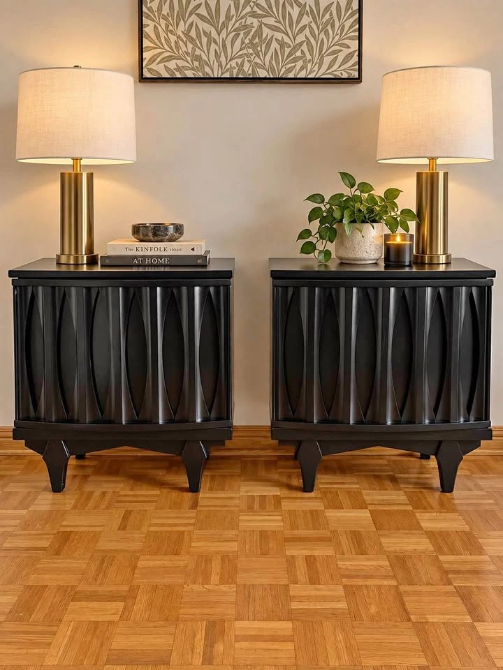 Stunning Vintage Sculptural Black Nightstands | Pair