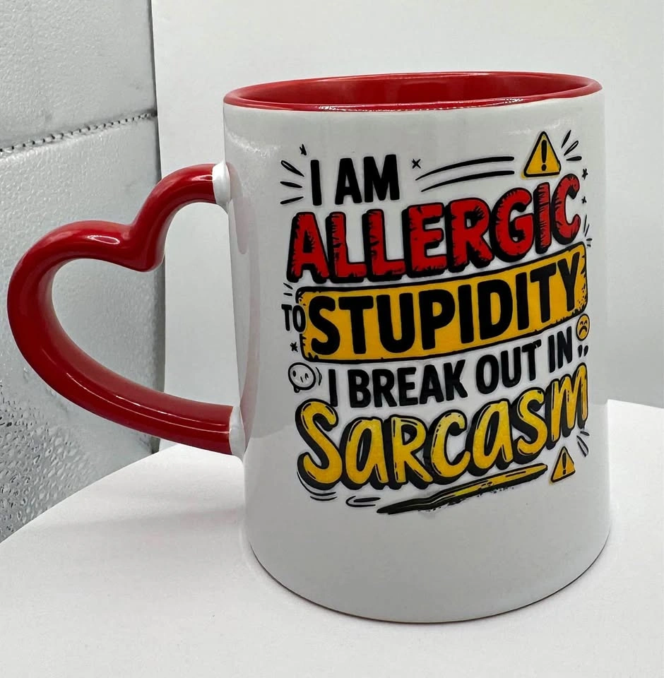12 oz Coffee mug, heart shaped handle, with custom labels