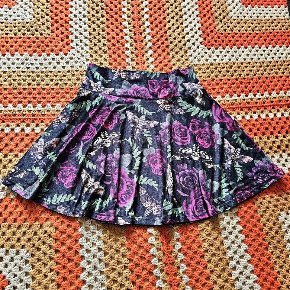 Killstar Deathshead Moth Rose Goth Velvet Skater Skirt - M