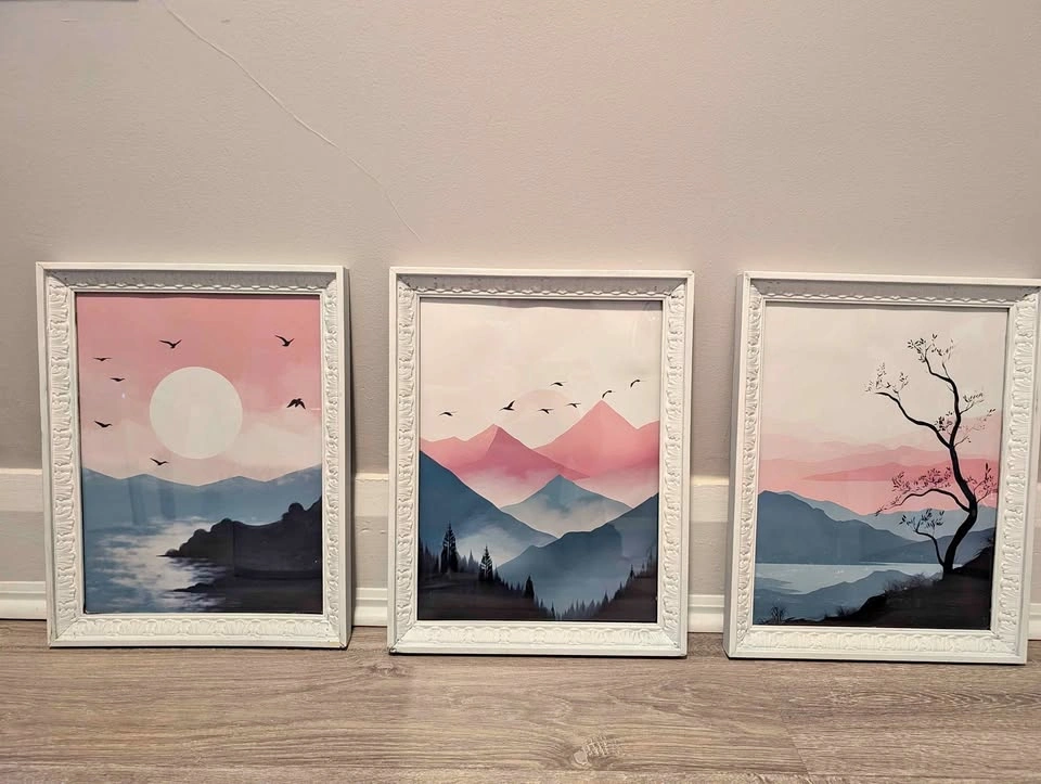 Set of 3 prints with hand painted frame (glass)