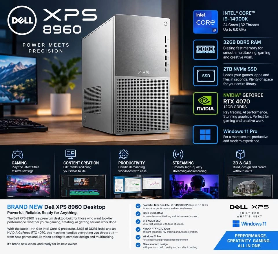 BRAND NEW- DELL XPS 8960 DESKTOP - I9-14900K | 32GB | 2TB SSD - photo 5