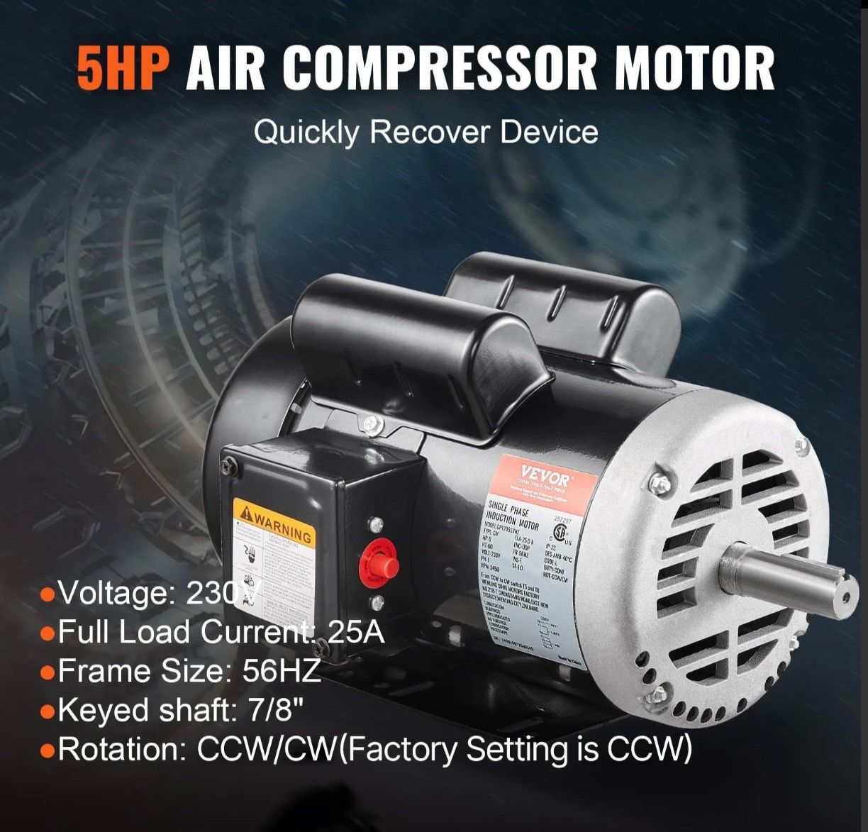 VEVOR 5HP Air Compressor Electric Motor 230V 3450RPM - photo 2