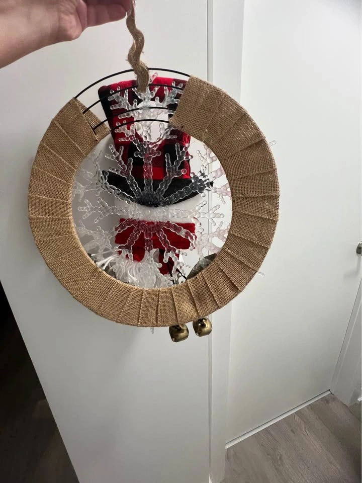 Handmade Winter Snowman Burlap Wreath – Rustic Holiday Door - photo 2