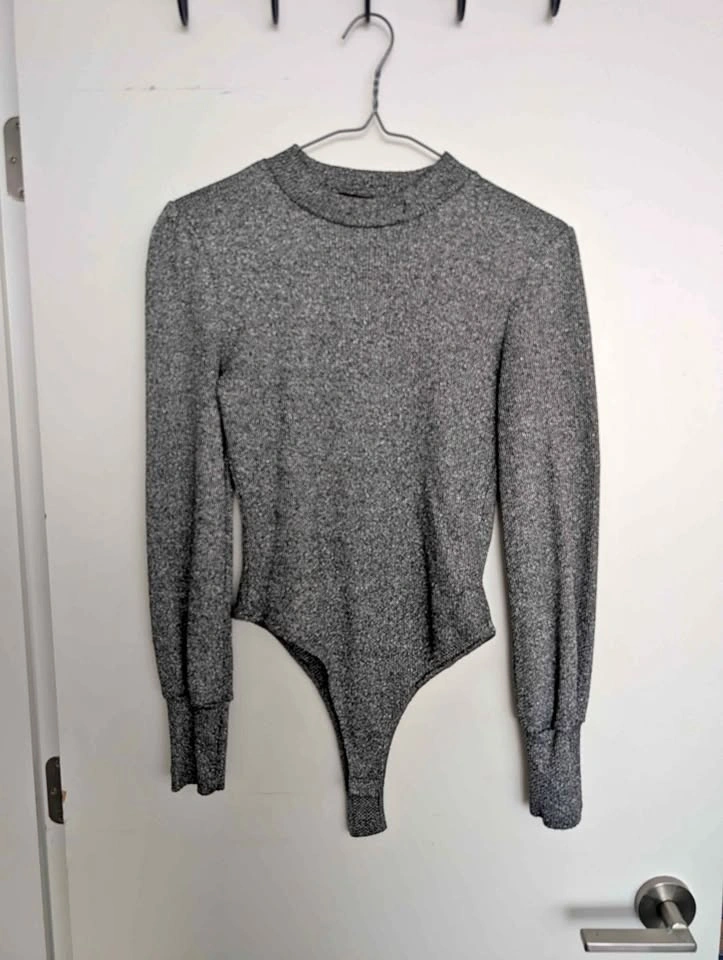 Grey Shimmery Long Sleeve Bodysuit Fits like size Small / Medium