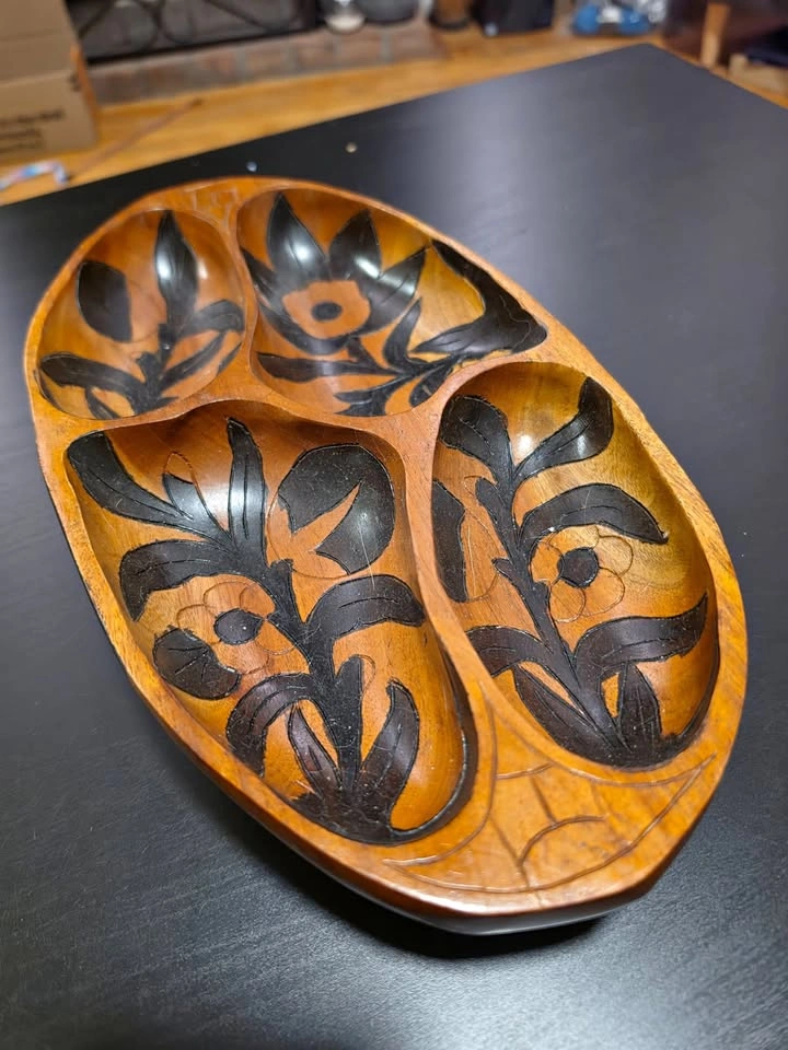 Hand-Carved Wooden Divided Serving Tray / Catchall
