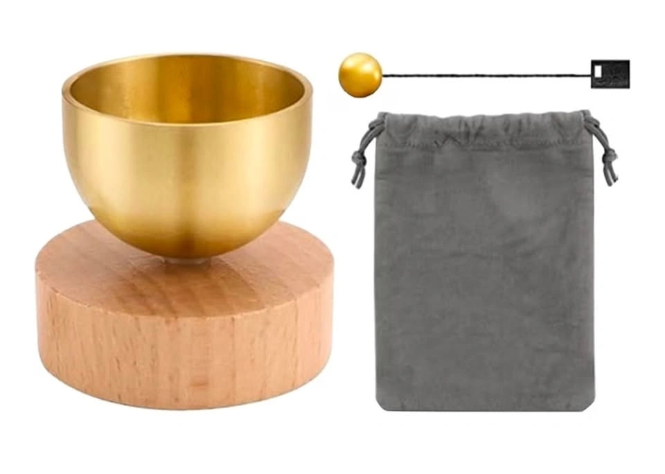 Brass Meditation Chime Bell with Wooden Base, Striker & Pouch - photo 5
