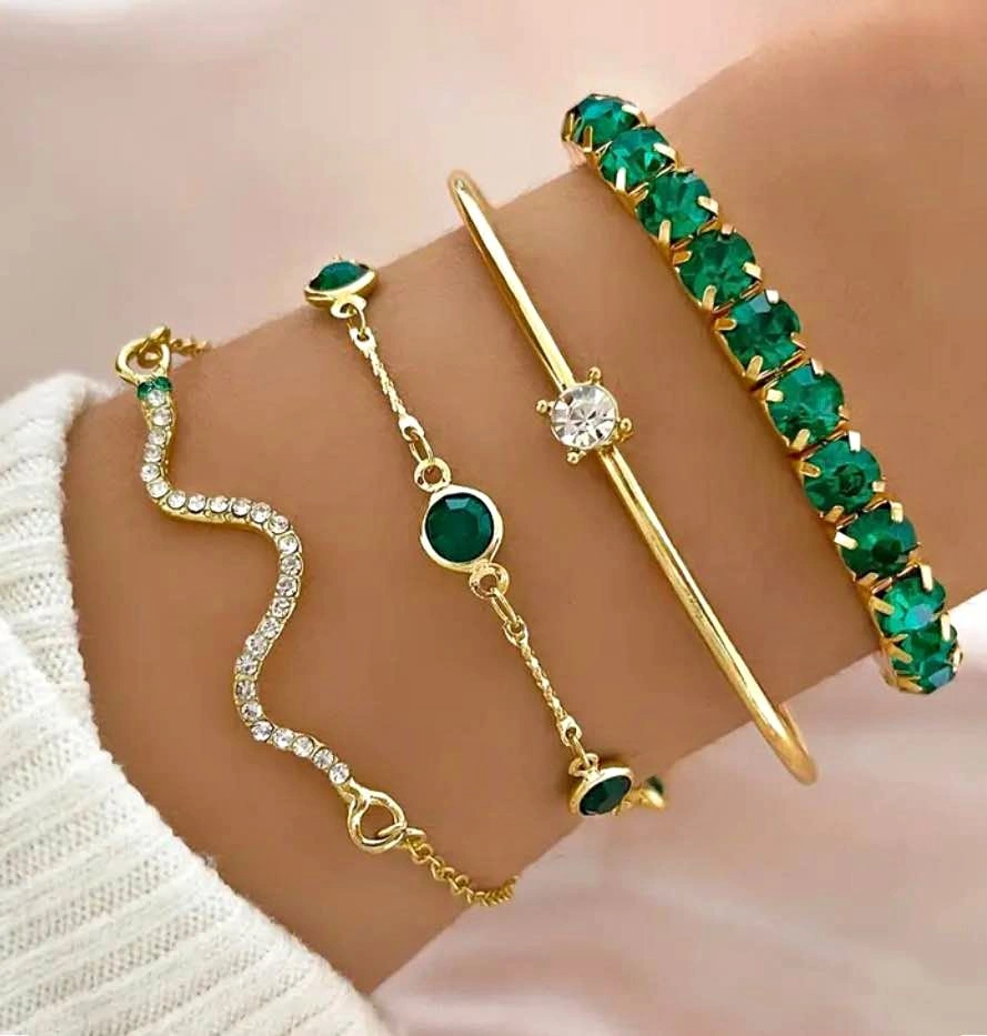 4-Piece Gold and Green Rhinestone Bracelet Set