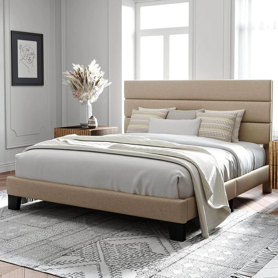King Size Bed Frame with Fabric Headboard & Wooden Slats