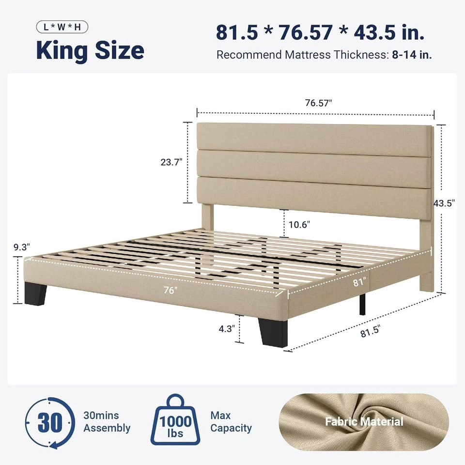 King Size Bed Frame with Fabric Headboard & Wooden Slats - photo 3