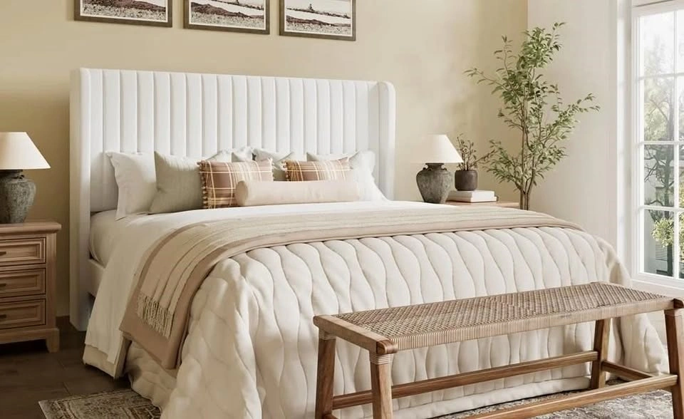 Upholstered Queen Bed with Headboard and Wooden Slats