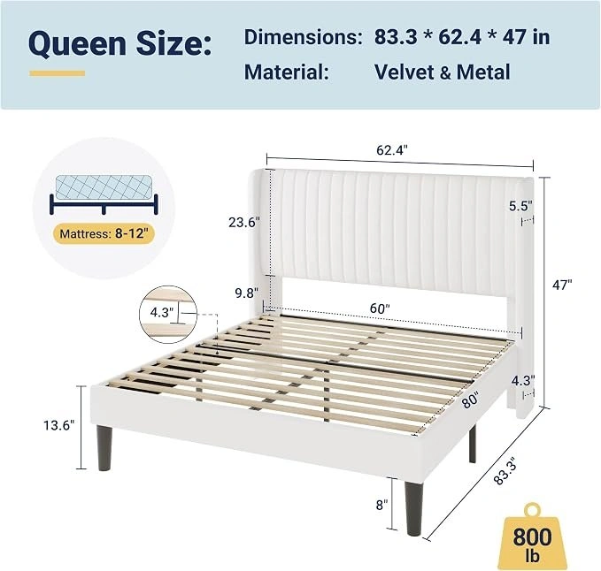 Upholstered Queen Bed with Headboard and Wooden Slats - photo 2