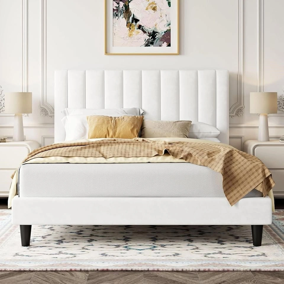 Velvet Upholstered Full Bed Frame with Tufted Headboard