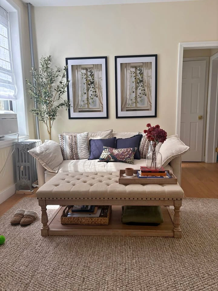Tufted Fabric Ottoman with Wood Shelf