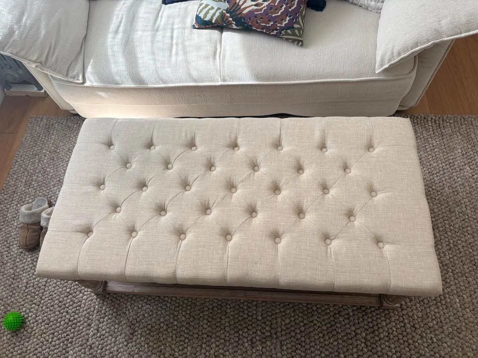 Tufted Fabric Ottoman with Wood Shelf - photo 2