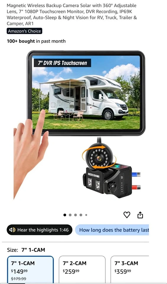 Magnetic Wireless Backup Camera Solar with 7" 1080P Monitor