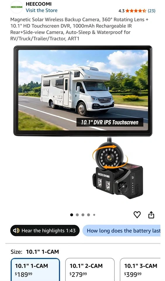 Magnetic Solar Wireless Backup Camera + 10.1" HD DVR for RV