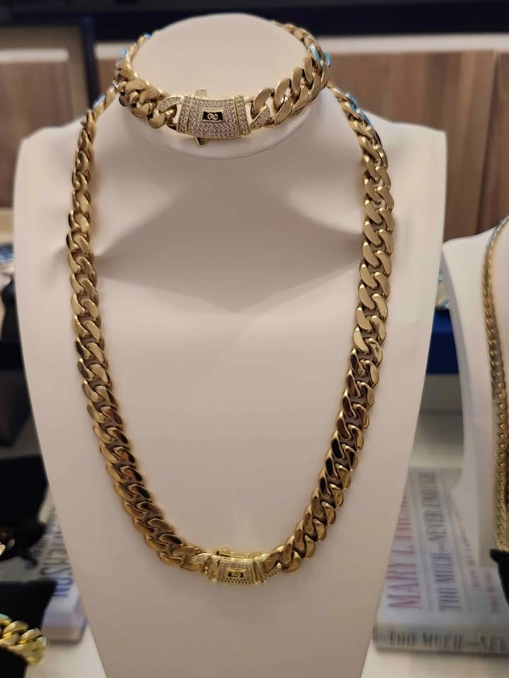 14K Gold Vacuumed Plated Monaco Cuban Link Chain and Bracelet Se - photo 3