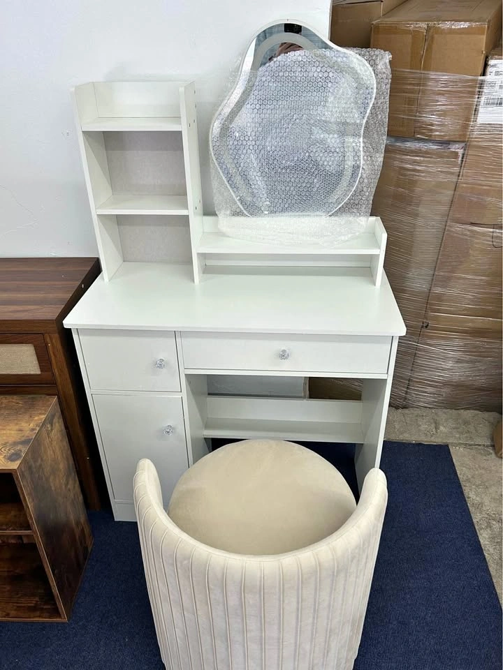 White Makeup Vanity Table with Matching Swivel Storage Stool