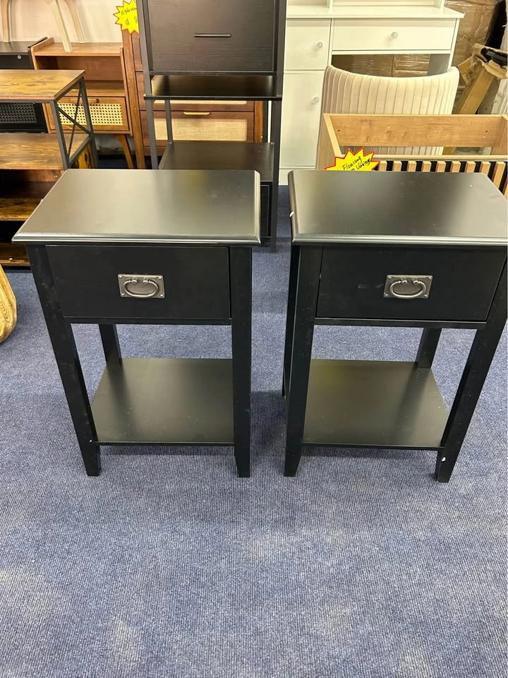 Set of 2 Black Nightstands, 1 Drawer Each, Fully Assembled - photo 2