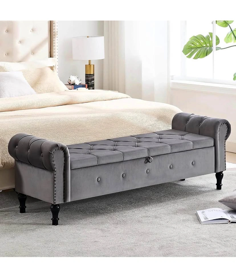 67" Velvet Storage Bench - Dark Grey