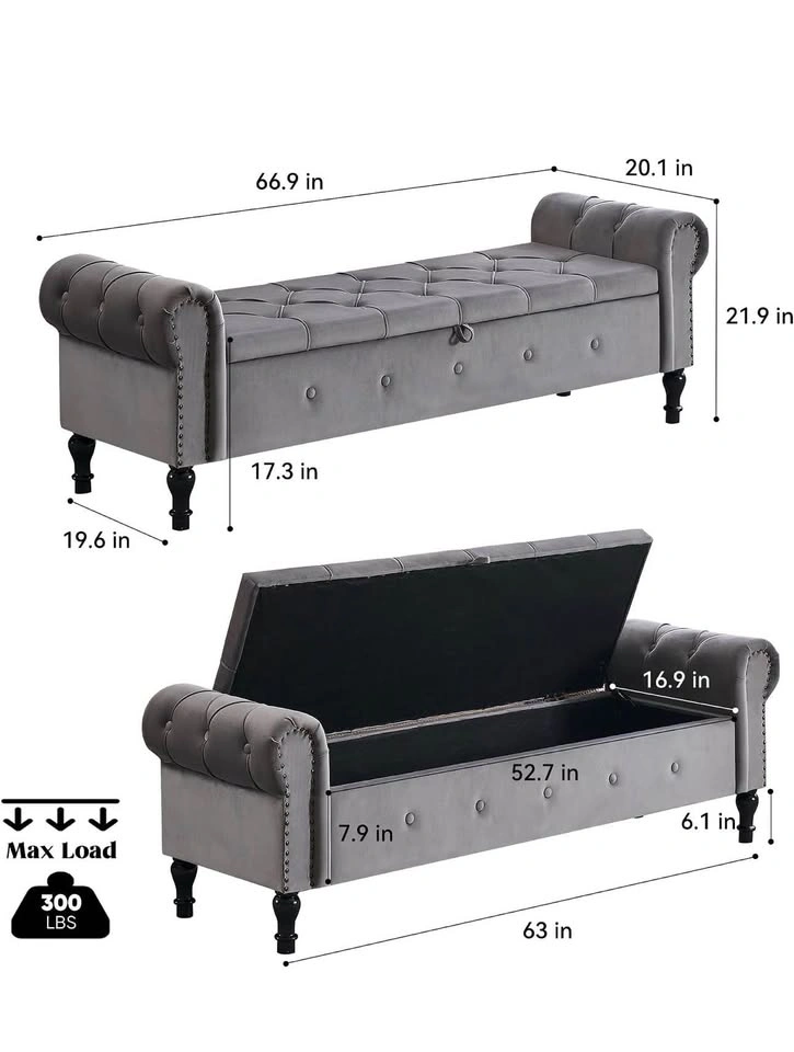 67" Velvet Storage Bench - Dark Grey - photo 2