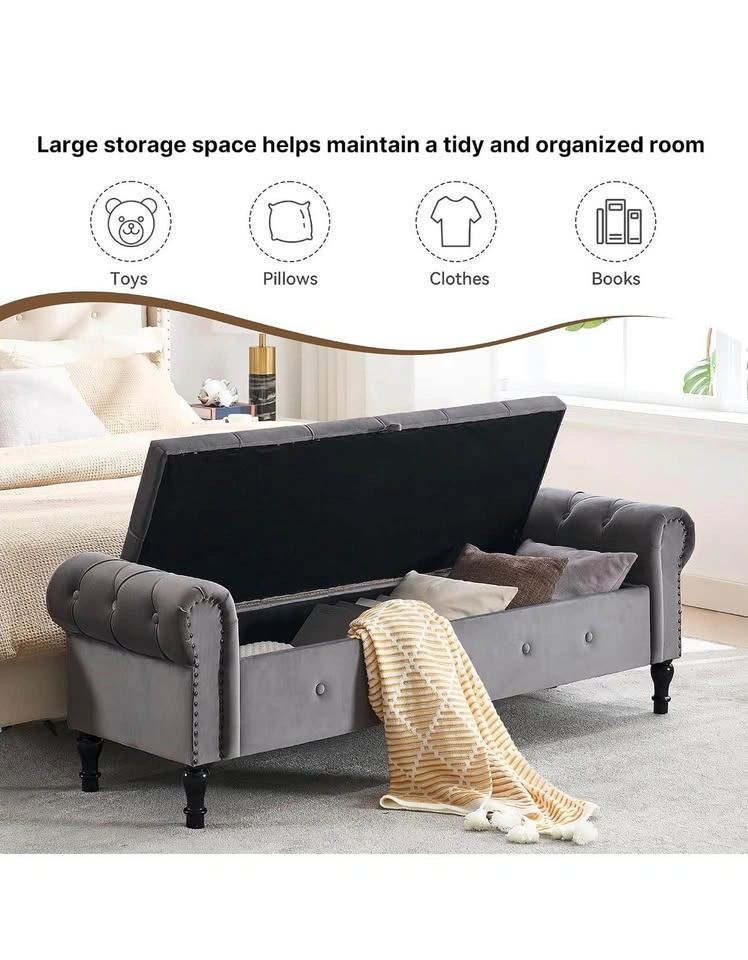 67" Velvet Storage Bench - Dark Grey - photo 4
