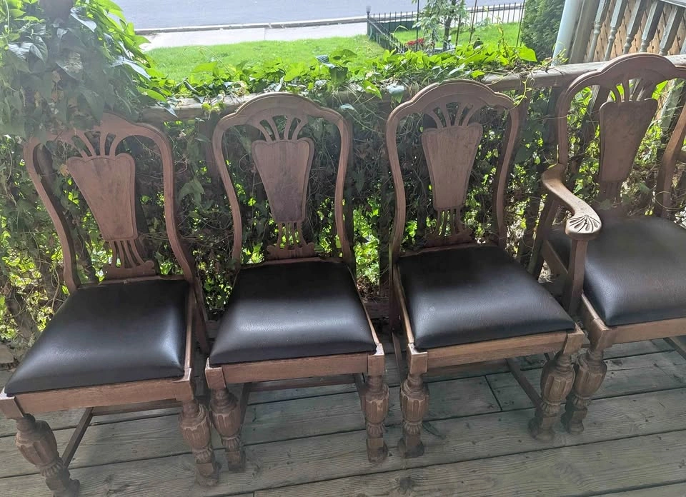 Vintage Wooden Dining Chairs w/ Leather Seats - Set of 4