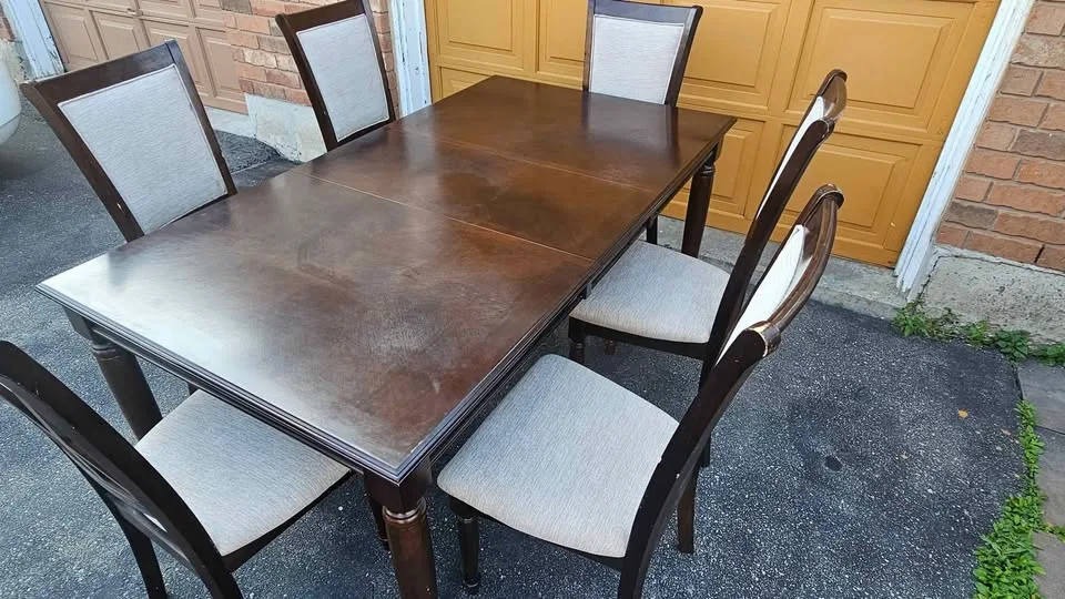 SOLID WOOD DINING TABLE WITH 6 WOODEN CHAIRS. $300 or BO image indicator(3)