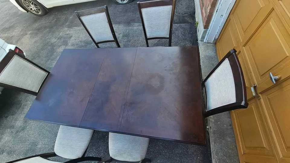 SOLID WOOD DINING TABLE WITH 6 WOODEN CHAIRS. $300 or BO image indicator(5)