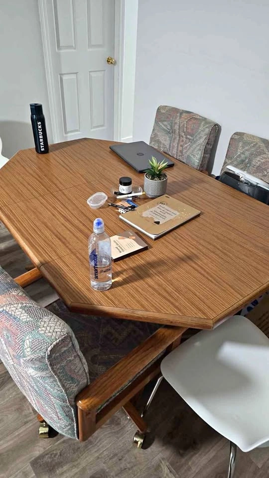Vintage Oak Dining Table, 4 Rolling Chairs, and Shoe Rack