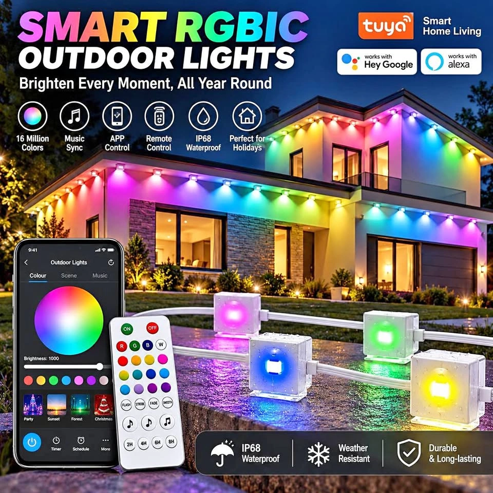 OKKMAX 100FT Permanent Outdoor Lights – Smart RGB+IC LED Lights