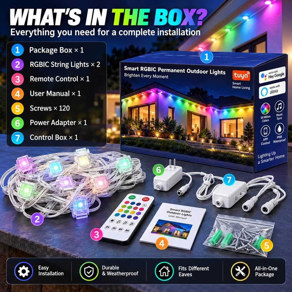 OKKMAX 100FT Permanent Outdoor Lights – Smart RGB+IC LED Lights - photo 4