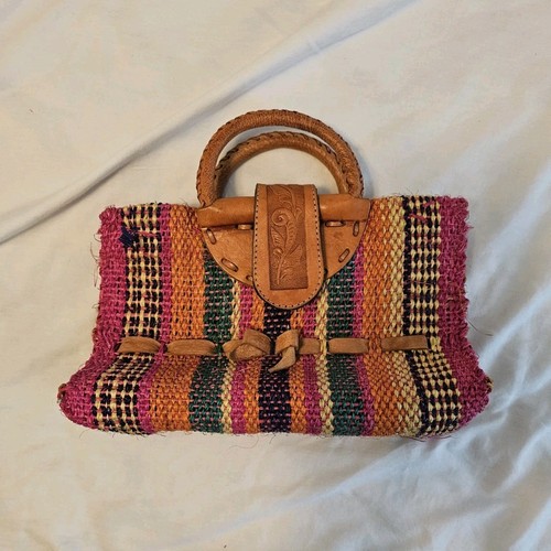 Women’s Multicolor Striped Top Handle Bag w/ Brown Leather Handl
