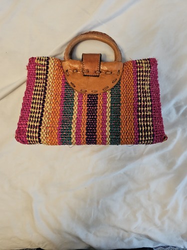 Women’s Multicolor Striped Top Handle Bag w/ Brown Leather Handl - photo 2