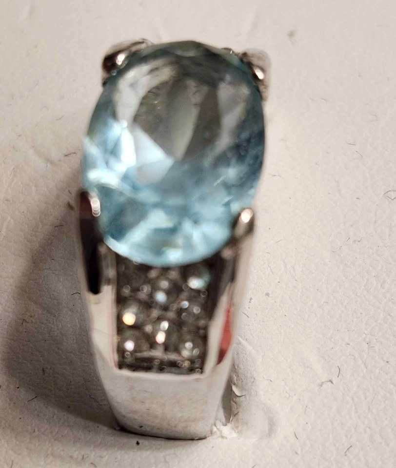 Man's Ring Faux Aquamarine and Diamonds in 10K White Gold Plate - photo 2