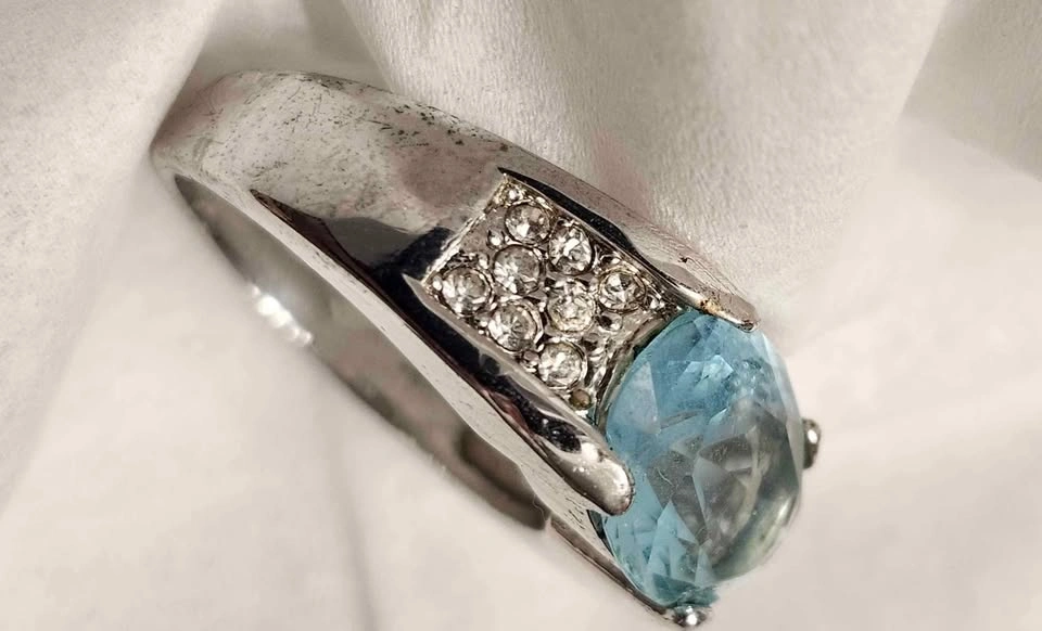 Man's Ring Faux Aquamarine and Diamonds in 10K White Gold Plate - photo 3