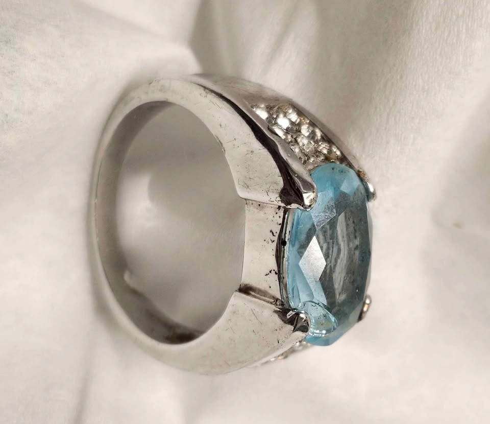 Man's Ring Faux Aquamarine and Diamonds in 10K White Gold Plate - photo 5