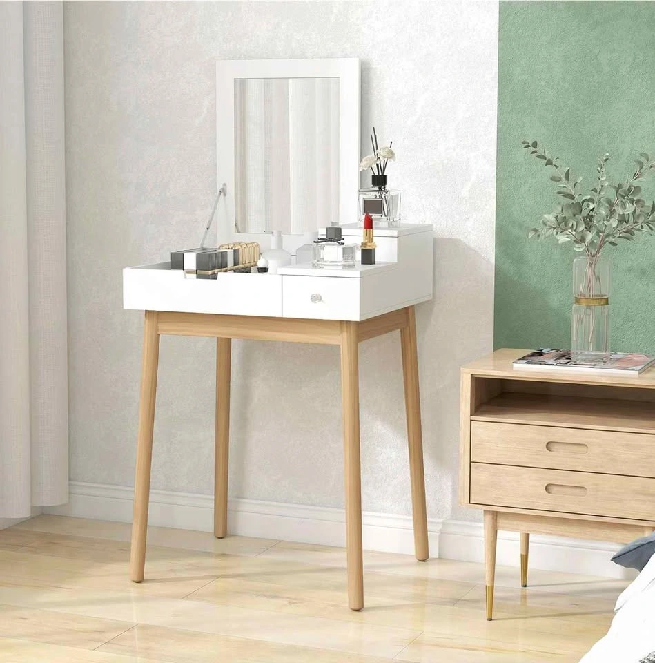 White Flip-Top Vanity Desk with Wooden Legs - photo 2