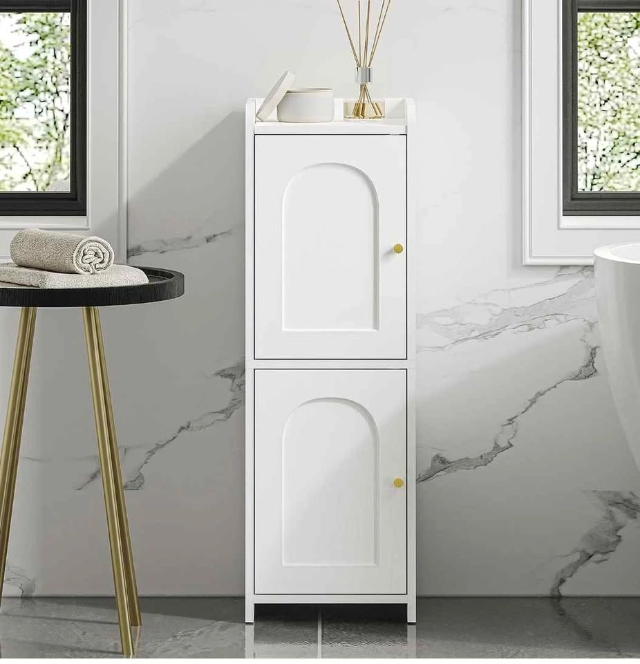 White Slim Bathroom Storage Cabinet with Arched Doors - photo 2