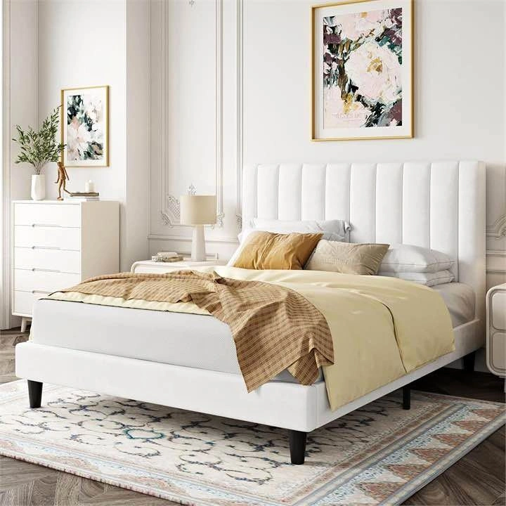 New White Upholstered Queen Platform Bed Frame