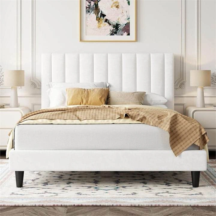 New White Upholstered Queen Platform Bed Frame - photo 2